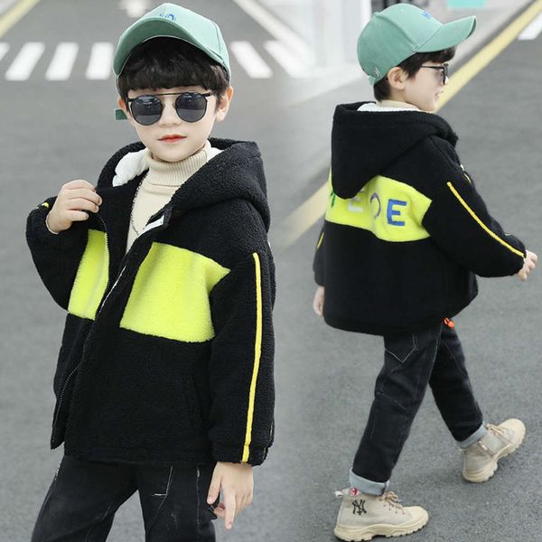 children's winter new cotton thickened wool et 2020 boys' casual color matching hooded cashmere sweater coat, Black 
children's winter new cotton thickened wool et 2020 boys' casual color matching hooded cashmere sweater coat, Black
