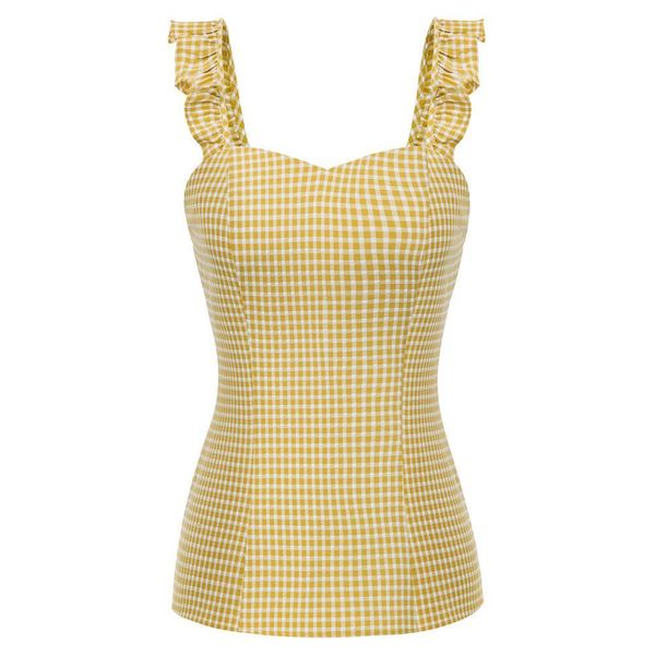 women's tank summer ruffled shoulders sleeveless square neck smocked back slim short plaid clothes ladies, White 
women's tank summer ruffled shoulders sleeveless square neck smocked back slim short plaid clothes ladies, White