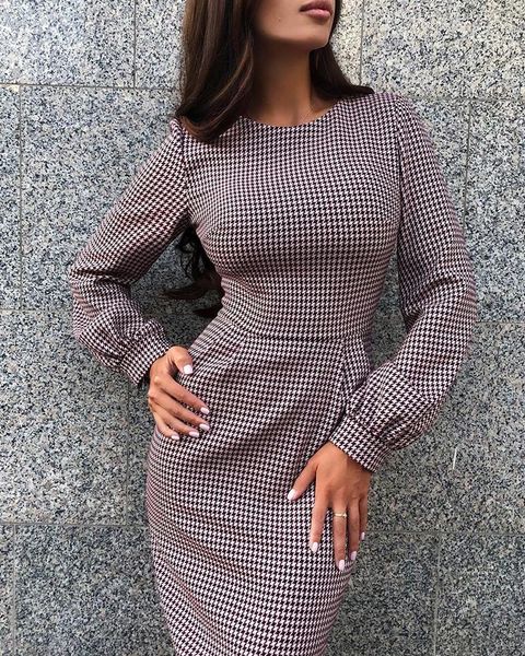 grid long sleeve bodycon dress1, Black;gray