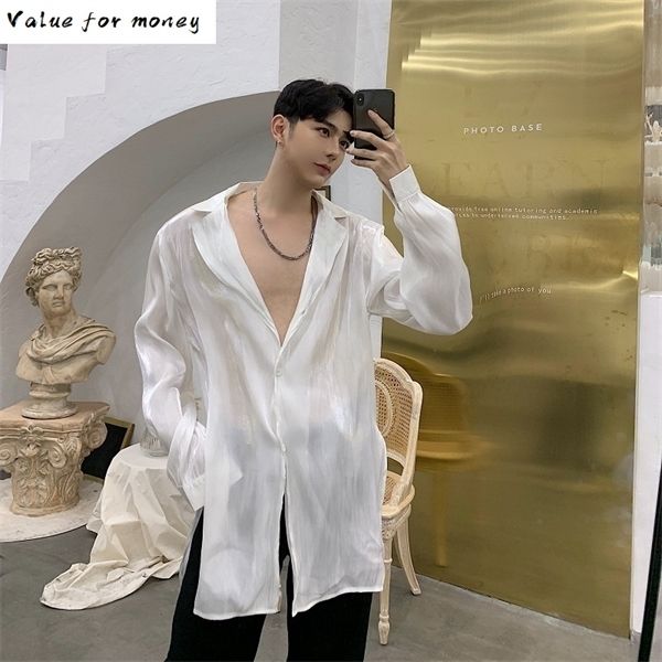 white men black organza split fashion casual sleeve shirt male translucent long style dress shirts nightclub clothes c1212, White;black
white men black organza split fashion casual sleeve shirt male translucent long style dress shirts nightclub clothes c1212, White;black