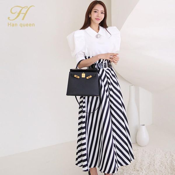 h han queen women 2021 work wear 2 pieces set white blouses & high waist stripes a-line long skirt office ladies skirt suit
h han queen women 2021 work wear 2 pieces set white blouses & high waist stripes a-line long skirt office ladies skirt suit