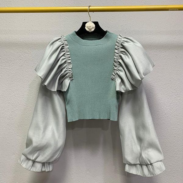 green color patchwork ruffles lady blouse full sleeves autumn knitted cotton casual streetwear lady clothes1, White
green color patchwork ruffles lady blouse full sleeves autumn knitted cotton casual streetwear lady clothes1, White