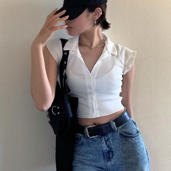 women's t-shirt women turn down collar button through with lettuce trimming cap sleeved slim fit crop top, White
women's t-shirt women turn down collar button through with lettuce trimming cap sleeved slim fit crop top, White