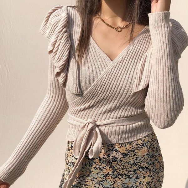 women's sweaters dewadbow long sleeve knitted women v neck cross wrap flying belted elegant sweater and pullovers fashion, White;black
women's sweaters dewadbow long sleeve knitted women v neck cross wrap flying belted elegant sweater and pullovers fashion, White;black