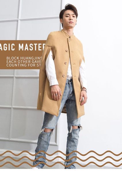 men's woollen coat fall/winter khaki stand-up collar medium length tweed coat british men's loose cape cape trend, Black
men's woollen coat fall/winter khaki stand-up collar medium length tweed coat british men's loose cape cape trend, Black