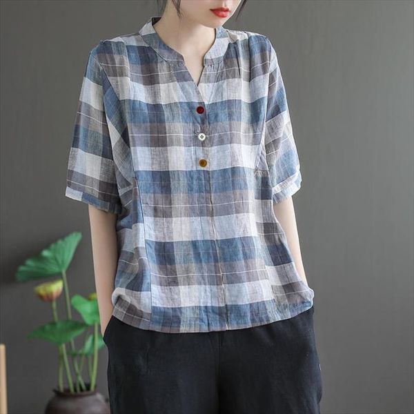2020 summer new arts style women v neck short sleeve casual shirts cotton linen plaid loose blouses plus size femme m130, White
2020 summer new arts style women v neck short sleeve casual shirts cotton linen plaid loose blouses plus size femme m130, White