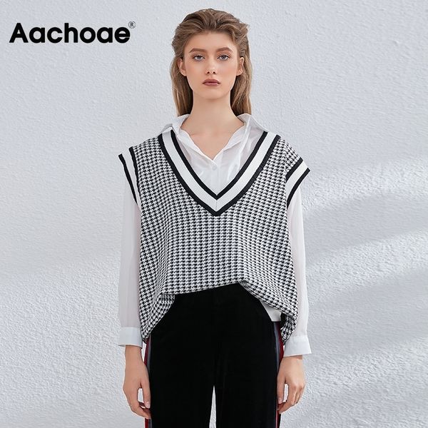 aachoae vintage houndstooth vest sweater women chic v neck plaid sleeveless pullover casual loose knitted waistcoat 201016, White;black 
aachoae vintage houndstooth vest sweater women chic v neck plaid sleeveless pullover casual loose knitted waistcoat 201016, White;black