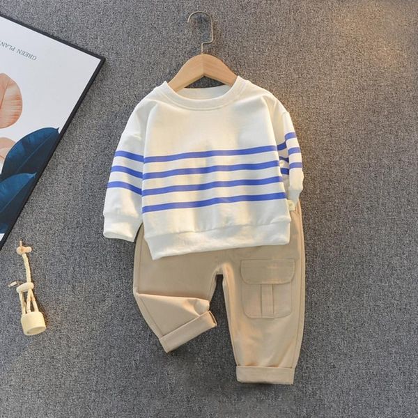 2021 spring new boys' cotton striped round neck long-sleeved sweater + trousers fashion suit, White
2021 spring new boys' cotton striped round neck long-sleeved sweater + trousers fashion suit, White