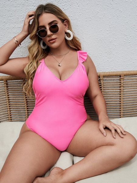 plus solid ruffle trim one piece swimsuit c6qh#, Black
plus solid ruffle trim one piece swimsuit c6qh#, Black