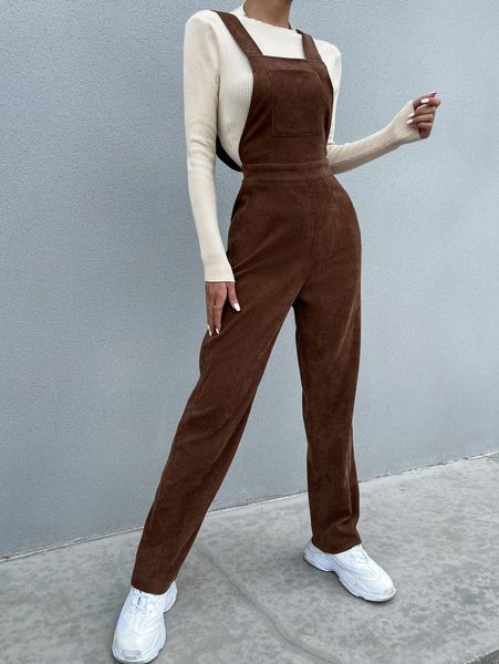 pocket patched corduroy jumpsuit without tee k47q#, White 
pocket patched corduroy jumpsuit without tee k47q#, White