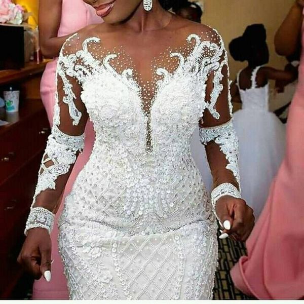 luxury arabic african mermaid wedding dresses 2021 long sheer neck beading pearls vestidos de mariage bridal gown, White
luxury arabic african mermaid wedding dresses 2021 long sheer neck beading pearls vestidos de mariage bridal gown, White