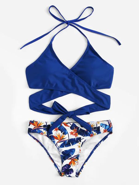 2019 new bikini cross strap leaf print swimsuit, White;black 
2019 new bikini cross strap leaf print swimsuit, White;black