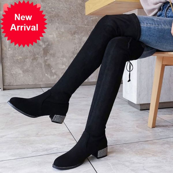 women thigh high boots winter keep warm women's shoes casual crystal stilettos square heels size 34-43, Black
women thigh high boots winter keep warm women's shoes casual crystal stilettos square heels size 34-43, Black