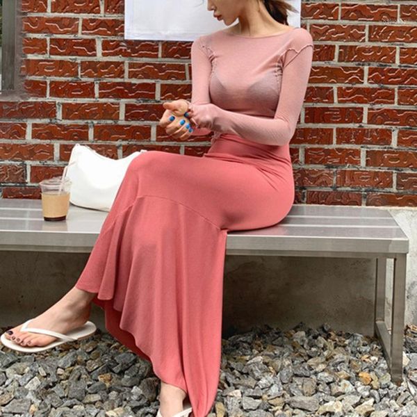 europe korea 2021 summer and autumn models drape comfortable hip trumpet / mermaid long elasticity ruffle skirt pfom1, Black