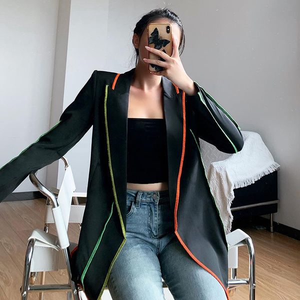 fall/winter women's suit contrasting color flocking blazer large size long jacket, White;black
fall/winter women's suit contrasting color flocking blazer large size long jacket, White;black
