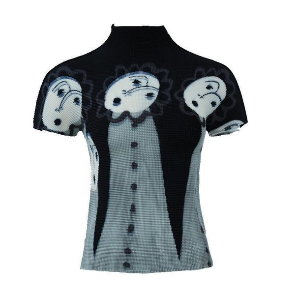 niche printting short sleeve pleated t-shirt tee for famle 2020 summer new trend stretch turtleneck women yj782, White 
niche printting short sleeve pleated t-shirt tee for famle 2020 summer new trend stretch turtleneck women yj782, White