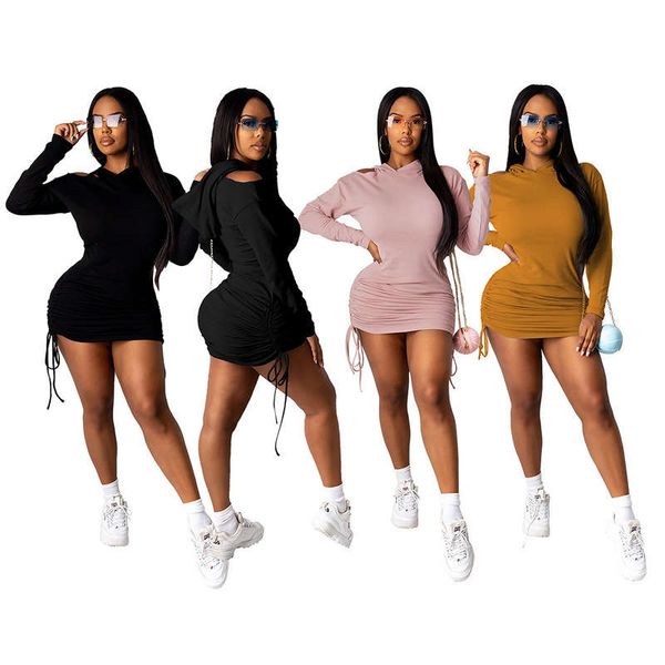 d8062 women's solid color hooded mid waist sweater off shoulder pleated dress, Black;gray
d8062 women's solid color hooded mid waist sweater off shoulder pleated dress, Black;gray