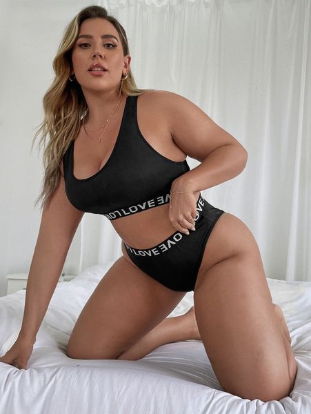 plus letter tape lingerie set z4ih#, Black;white