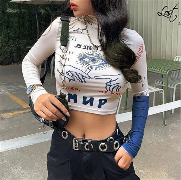 european and american style autumn and winter new women's fashion half-high collar printed crop t-shirt, White
european and american style autumn and winter new women's fashion half-high collar printed crop t-shirt, White
