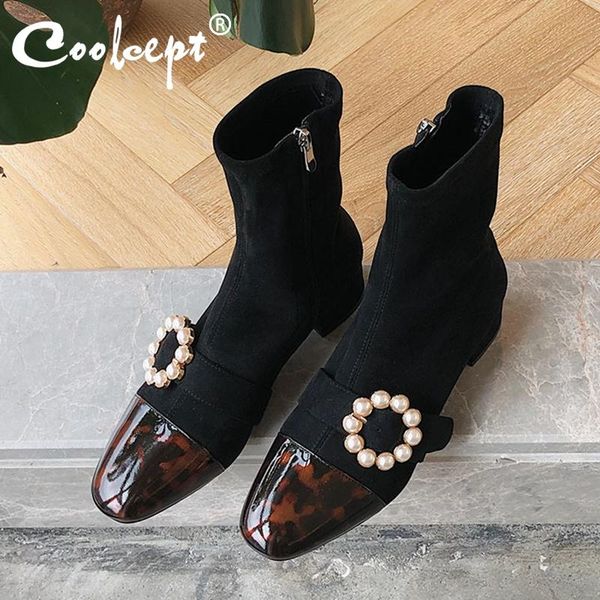 boots coolcept women fashion ankle square toe thick heel real leather pearl patchwork shoes sock elegant size 34-40, Black
boots coolcept women fashion ankle square toe thick heel real leather pearl patchwork shoes sock elegant size 34-40, Black