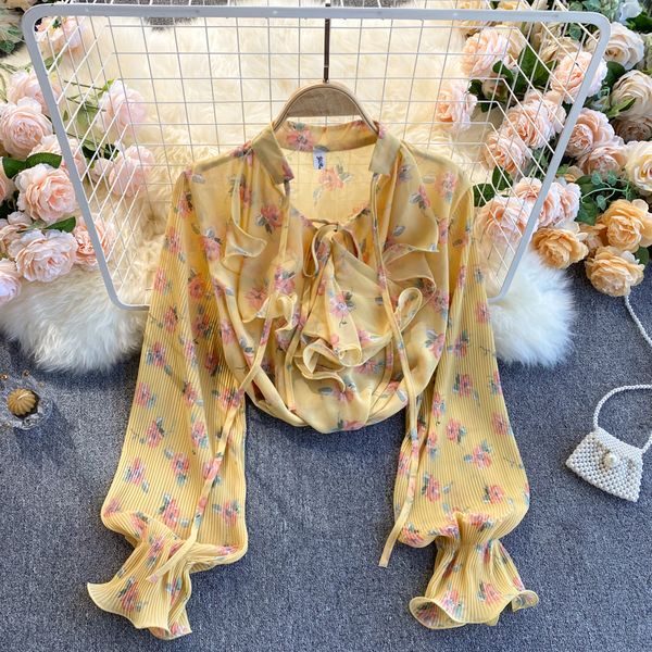 2021 new singiny feminine chiffon plissate spring blouse cord the neck puff release floral printing shirts style x5ae, White