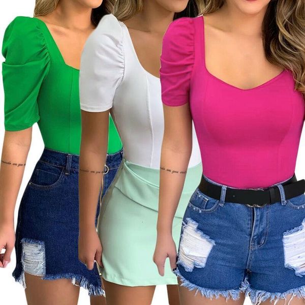 2020 summer women short lantern sleeve solid t-shirts casual slim ladies basic shirts plus size blusas de mujer, White 
2020 summer women short lantern sleeve solid t-shirts casual slim ladies basic shirts plus size blusas de mujer, White