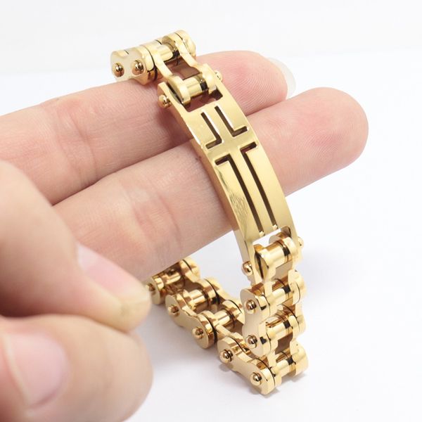 12mm wide heavy gold tone stainless steel motorcycle bicycle bracelet men's hollow cross bike chain jewelry, Black
12mm wide heavy gold tone stainless steel motorcycle bicycle bracelet men's hollow cross bike chain jewelry, Black