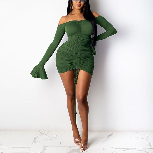 off shoulder dress women club drawstring dresses solid color ruffle long flare sleeve mini bodycon dress, Black;gray
off shoulder dress women club drawstring dresses solid color ruffle long flare sleeve mini bodycon dress, Black;gray