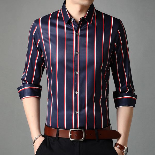 2021 new spring and autumn silk long sleeve shirt for men, White;black