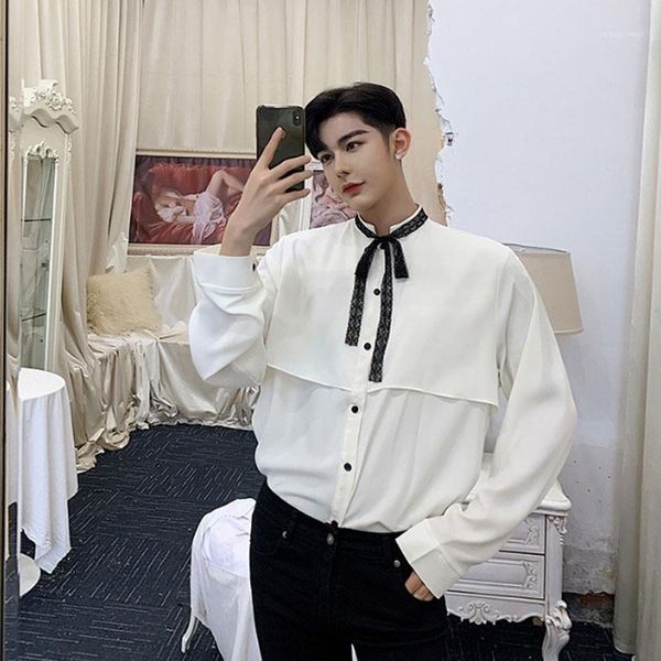 men party dress shirt fashion lace tie bow collar long sleeve casual loose shirt male streetwear hip hop stage show costumes1, White;black
men party dress shirt fashion lace tie bow collar long sleeve casual loose shirt male streetwear hip hop stage show costumes1, White;black