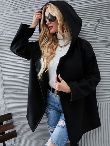 drop shoulder hooded belted overcoat g8si#, Black 
drop shoulder hooded belted overcoat g8si#, Black