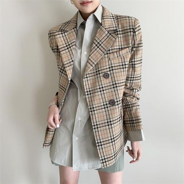 2020 new fashion temperament women's double-breasted plaid loose casual retro blazer jacket, White;black
2020 new fashion temperament women's double-breasted plaid loose casual retro blazer jacket, White;black