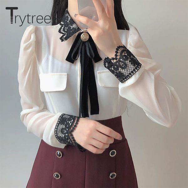 trytree 2020 spring autumn blouse women casual bow brooch lace turn-down collar puff sleeve office lady translucent shirts, White
trytree 2020 spring autumn blouse women casual bow brooch lace turn-down collar puff sleeve office lady translucent shirts, White