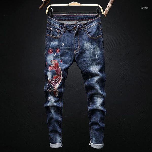original design new european style small straight tube elastic men's jeans embroidery carp slim body pants 77031, Blue
original design new european style small straight tube elastic men's jeans embroidery carp slim body pants 77031, Blue