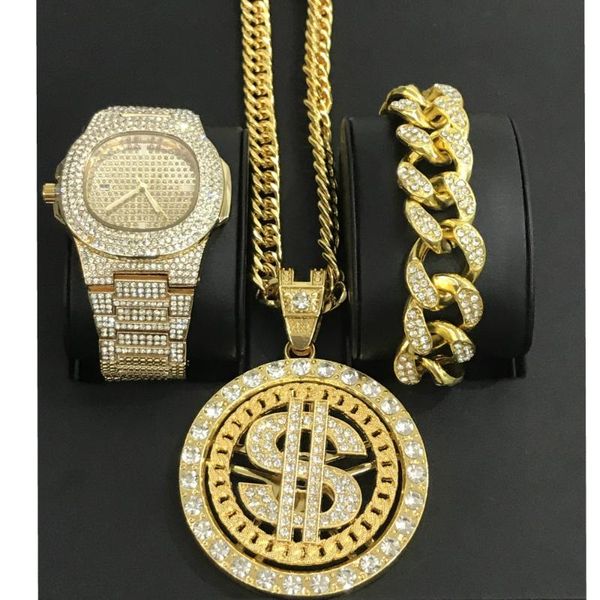 luxury men gold silver color watch & bracelet & necklace combo hip hop dollar sign pendant out cuban watch hip hop for men
luxury men gold silver color watch & bracelet & necklace combo hip hop dollar sign pendant out cuban watch hip hop for men