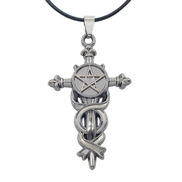 pentacle pentagram star fleur-de-lis knife sword pewter pendant choker necklace, Silver
pentacle pentagram star fleur-de-lis knife sword pewter pendant choker necklace, Silver