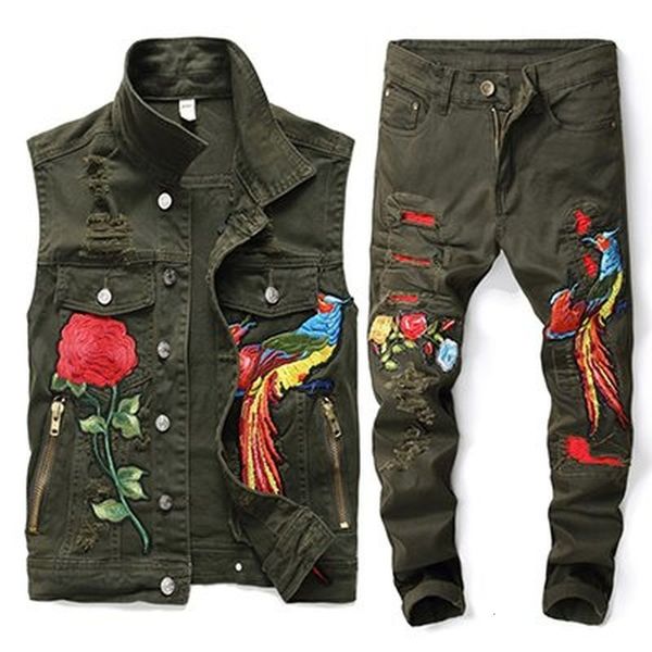 2021 new european style men's army green loose set hip hop 2 pieces embroidered phoenix flower men clothes hole ripped denim vests pant, Black
2021 new european style men's army green loose set hip hop 2 pieces embroidered phoenix flower men clothes hole ripped denim vests pant, Black