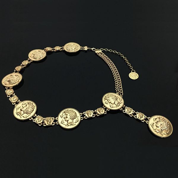 new fashion luxury designer brand chain belt for women golden coin dolphins portrait metal waist belts, Black;brown
new fashion luxury designer brand chain belt for women golden coin dolphins portrait metal waist belts, Black;brown