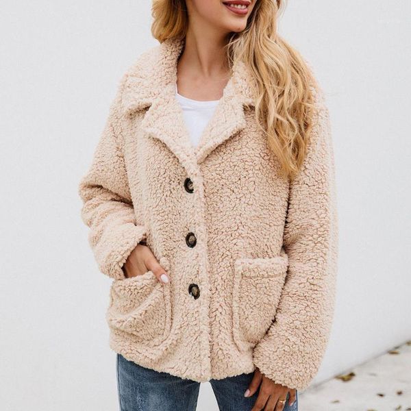 women lapel button jacket long sleeve casual plush coat jacket with pockets lf881, Black
women lapel button jacket long sleeve casual plush coat jacket with pockets lf881, Black