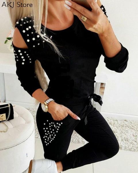 women beaded embellished cold shoulder & pants set1, Gray