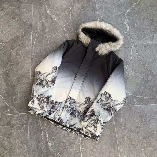the new gradient snow mountain couples snow mountain fur collar cotton jacket pattern printing has a layered sense of warmth, Black
the new gradient snow mountain couples snow mountain fur collar cotton jacket pattern printing has a layered sense of warmth, Black
