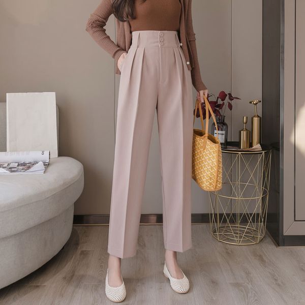 autumn 2020 new korean ol style women formal harem pants pockets high waist elegant office lady button ankle-length pants lj201030, Black;white
autumn 2020 new korean ol style women formal harem pants pockets high waist elegant office lady button ankle-length pants lj201030, Black;white