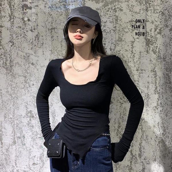 women's t-shirt early autumn 2021 design irregular knitted bottoming shirt black slim with long sleeve crew neck, White
women's t-shirt early autumn 2021 design irregular knitted bottoming shirt black slim with long sleeve crew neck, White