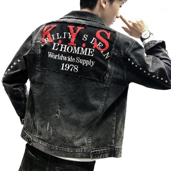 aboorun men's fashion punk rivet ripped denim jacket letter embroidery patchwork streetwear hip hop jeans jacket male r31161, Black;brown
aboorun men's fashion punk rivet ripped denim jacket letter embroidery patchwork streetwear hip hop jeans jacket male r31161, Black;brown