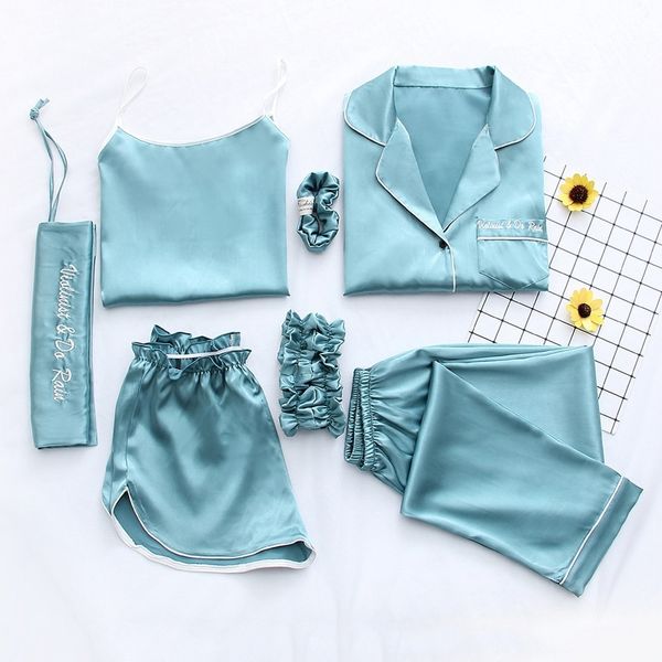 pajamas 7 piece ice silk prints long sleeve elastic waist pants ladies' full lounge women sleepwear set home suits y200425, Black;red
pajamas 7 piece ice silk prints long sleeve elastic waist pants ladies' full lounge women sleepwear set home suits y200425, Black;red