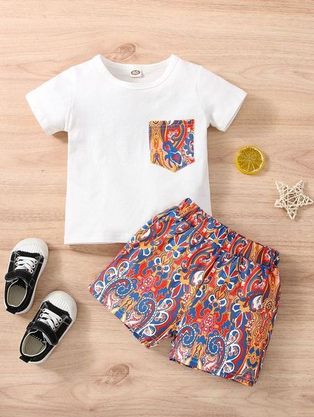 baby pocket patched tee & allover print shorts she01, White