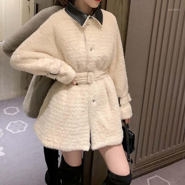 women belt waist cream faux fur soft touch jacket coat with pu turn down neck1, Black
women belt waist cream faux fur soft touch jacket coat with pu turn down neck1, Black