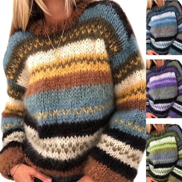 women long sleeve loose sweater crew neck vintage contrast colored striped pullover thick crochet knitted jumper, White;black
women long sleeve loose sweater crew neck vintage contrast colored striped pullover thick crochet knitted jumper, White;black