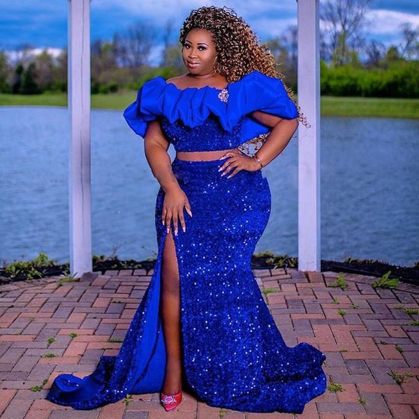 sequined royal blue prom dresses off the shoulder two pieces women high side split evening gowns for black girls 
sequined royal blue prom dresses off the shoulder two pieces women high side split evening gowns for black girls