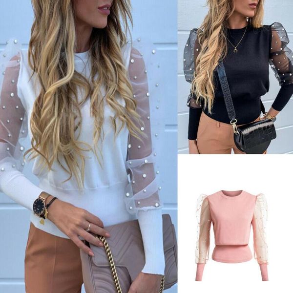 women's blouses & shirts lady mesh sheer puff sleeve pearls shirt blouse women spring pearl beaded long ribbed knitted clubwear, White
women's blouses & shirts lady mesh sheer puff sleeve pearls shirt blouse women spring pearl beaded long ribbed knitted clubwear, White